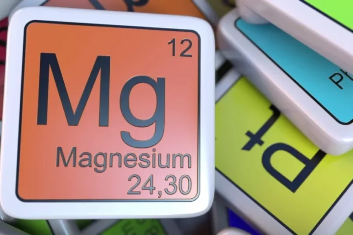 Symbol Mg magnezu na tle kolorowych pól układu okresowego