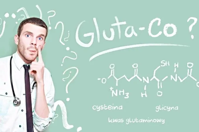 Lekarz przed tablicą z napisem „Gluta-Co?” i wzorami glutationu